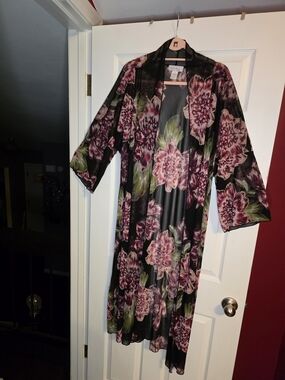 Floral Sheer Long Kimono - Black with Pink & Green Floral